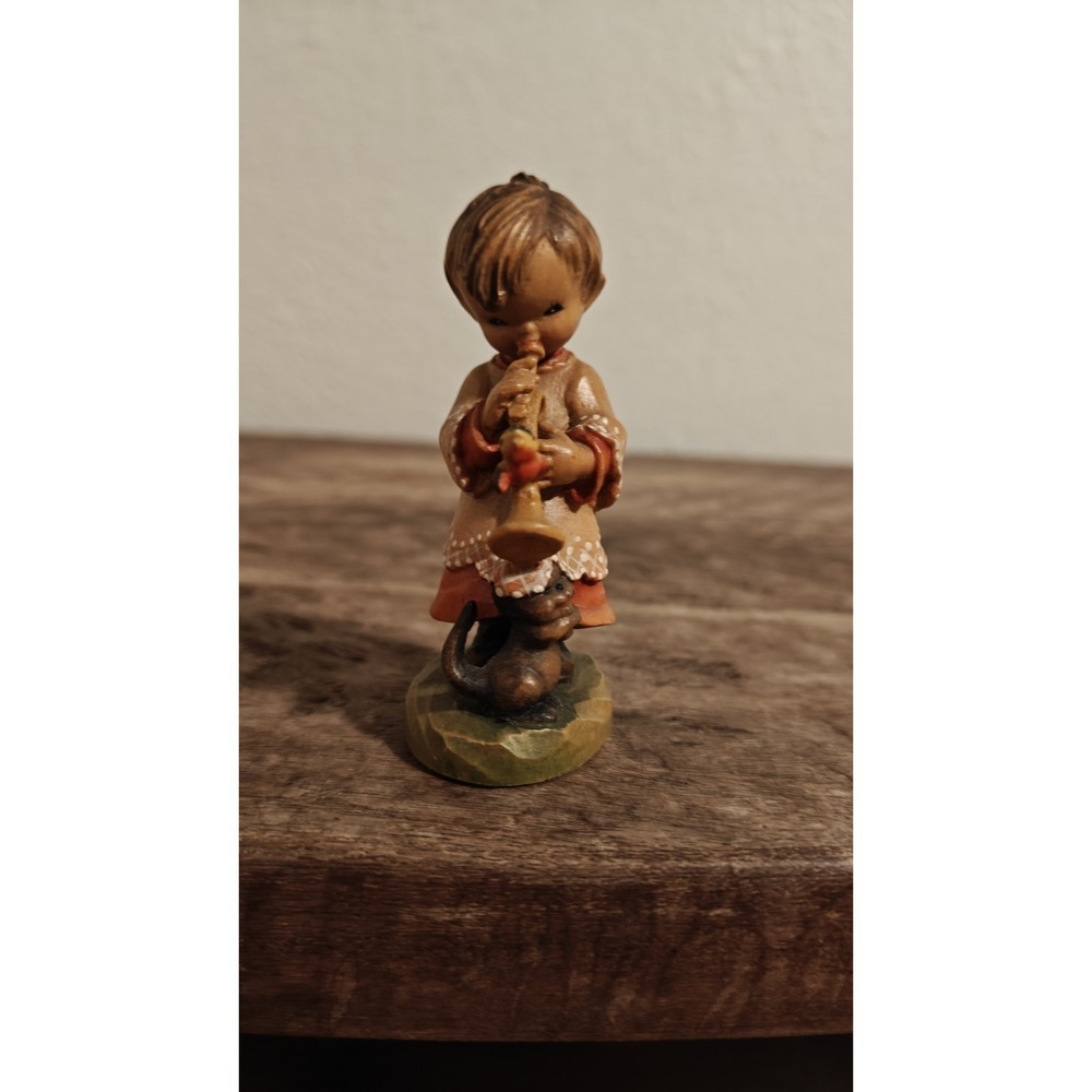 Lovely ANRI Carved Wooden Figurine Ferrandiz Girl Playing Trumpet Cat Bird Italy
